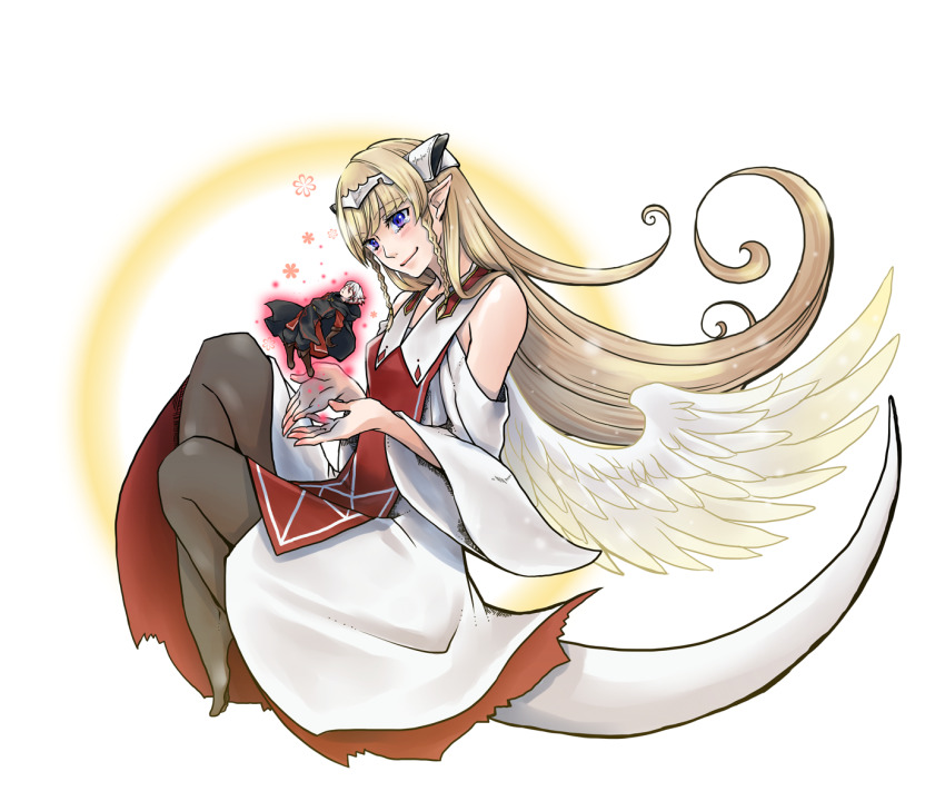 1boy, 1girl, black_cloak, black_pantyhose, blonde_hair, braid, circlet, cloak