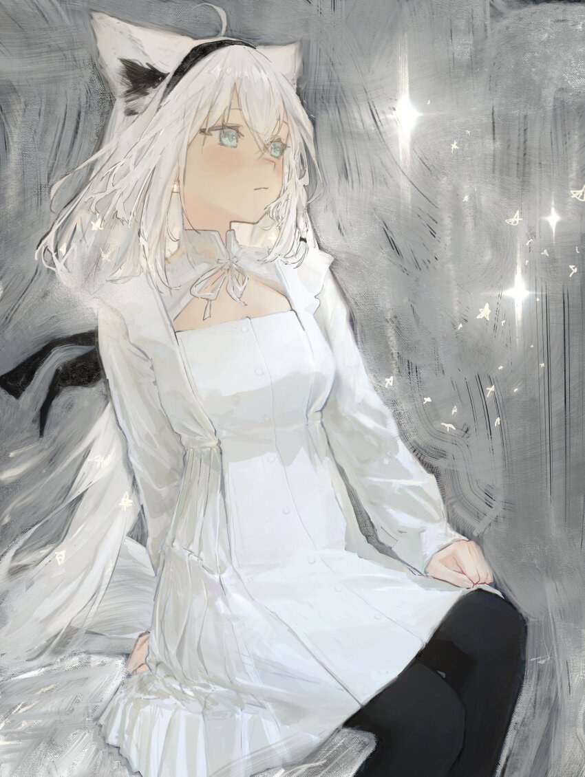 1girl, absurdres, ahoge, animal_ear_fluff, animal_ears, aqua_eyes, black_ribbon, bliss_htt