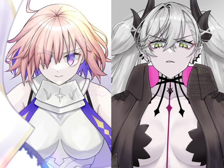 2girls, armor, bare_shoulders, black_cloak, black_hands, body_markings, breasts, cloak, colored_extremities, colored_inner_hair, commentary, crossed_bangs, demon_girl, demon_horns, earrings, fate/grand_order, fate_(series), green_eyes, grey_hair, hair_around_horn, hoop_earrings, horns, jewelry, large_breasts, lilith_(fate), lilith_(second_ascension)_(fate), long_hair, looking_at_viewer, mash_kyrielight, mash_kyrielight_(paladin), multicolored_hair, multiple_girls, piercing, pink_hair, pointy_ears, purple_eyes, purple_hair, rukamr_fgo, shield, short_hair, simple_background, solo, stomach_tattoo, tattoo, tattoo_between_breasts, teeth, trinity_metatronius_(fate/grand_order), twintails, upper_body, upper_teeth_only, white_background