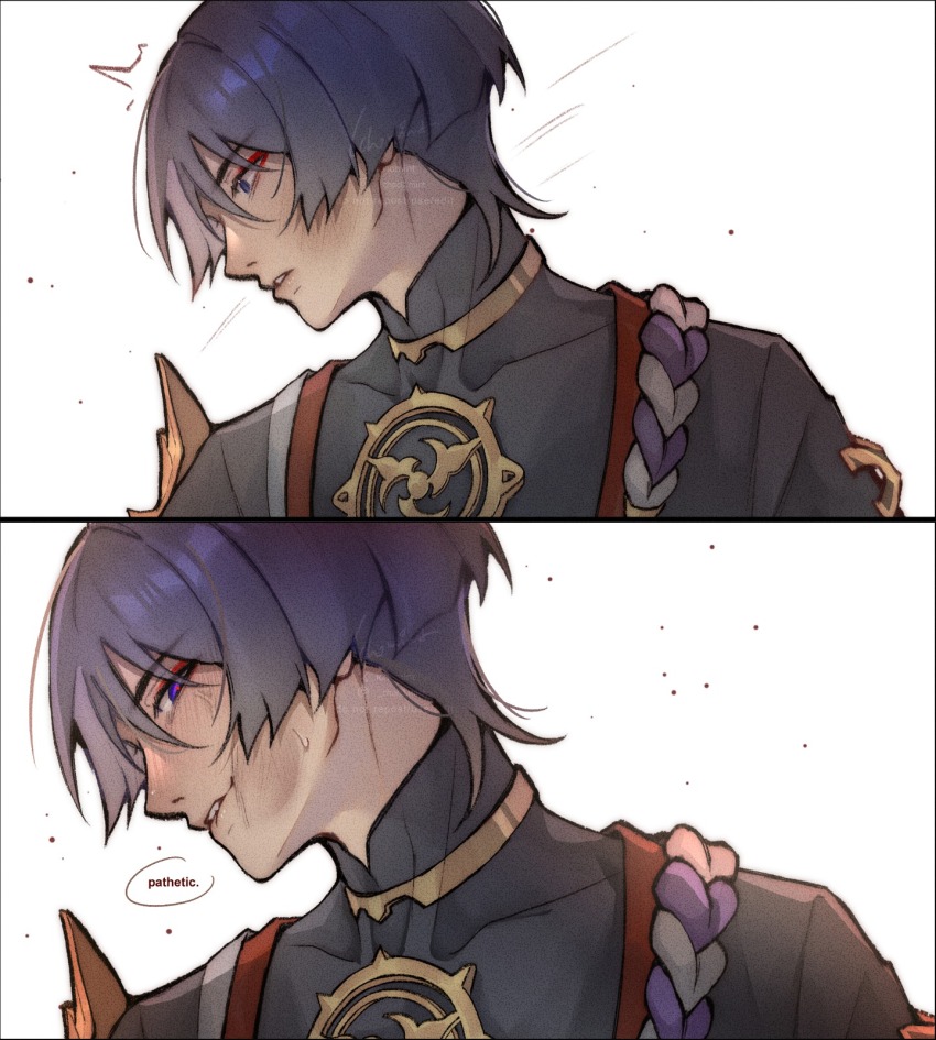 1boy, ^^^, bishounen, biting_own_lip, black_bodysuit, black_hair, black_kimono, blunt_ends