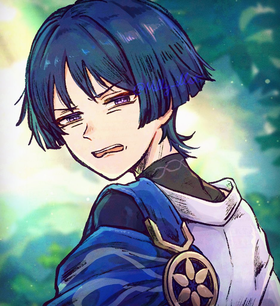 1boy, black_bodysuit, black_hair, blue_cape, blue_hair, blunt_ends, blurry, blurry_background