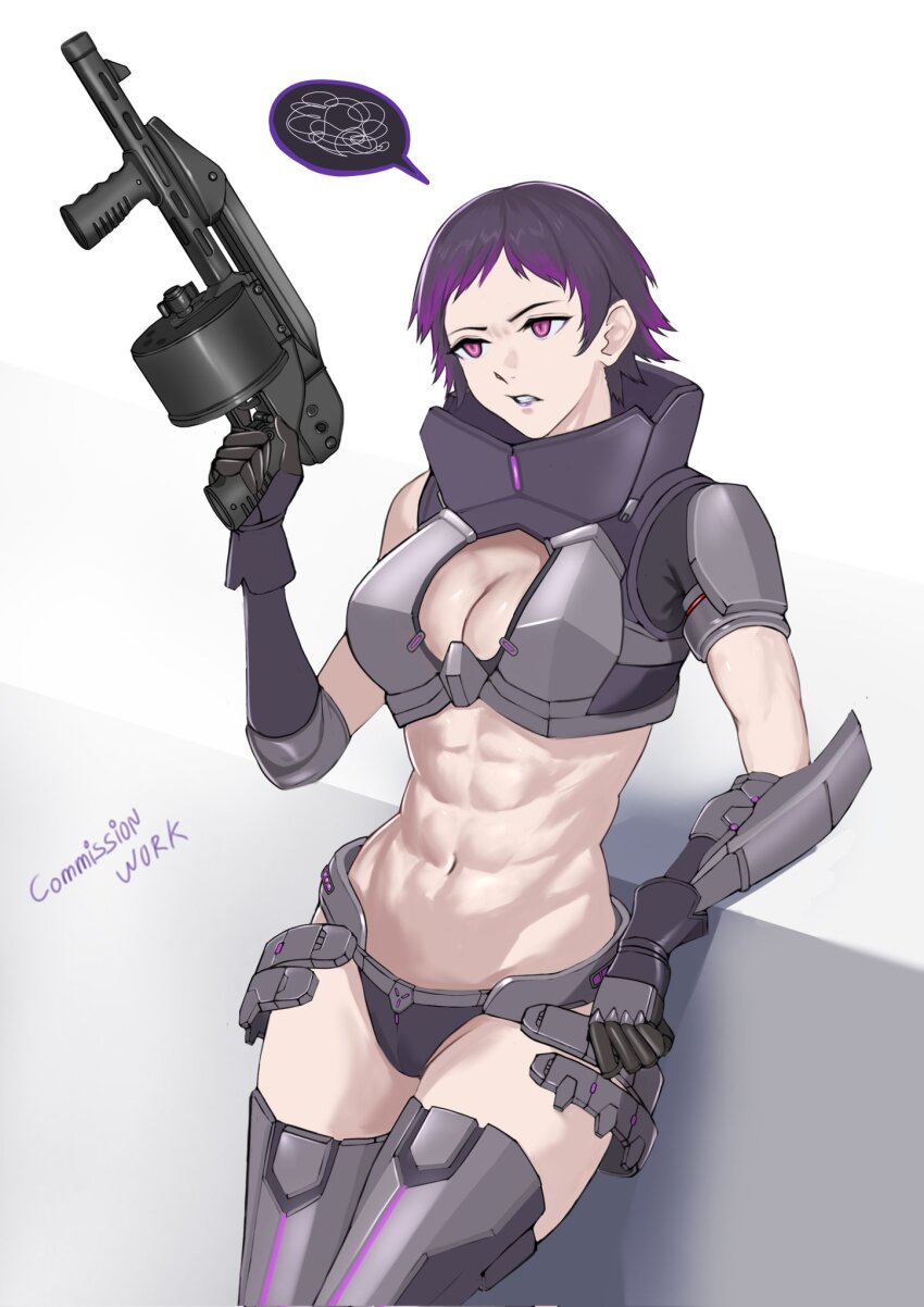 1girl, :<, abs, against_wall, armor, armsel_striker, bikini, bikini_armor
