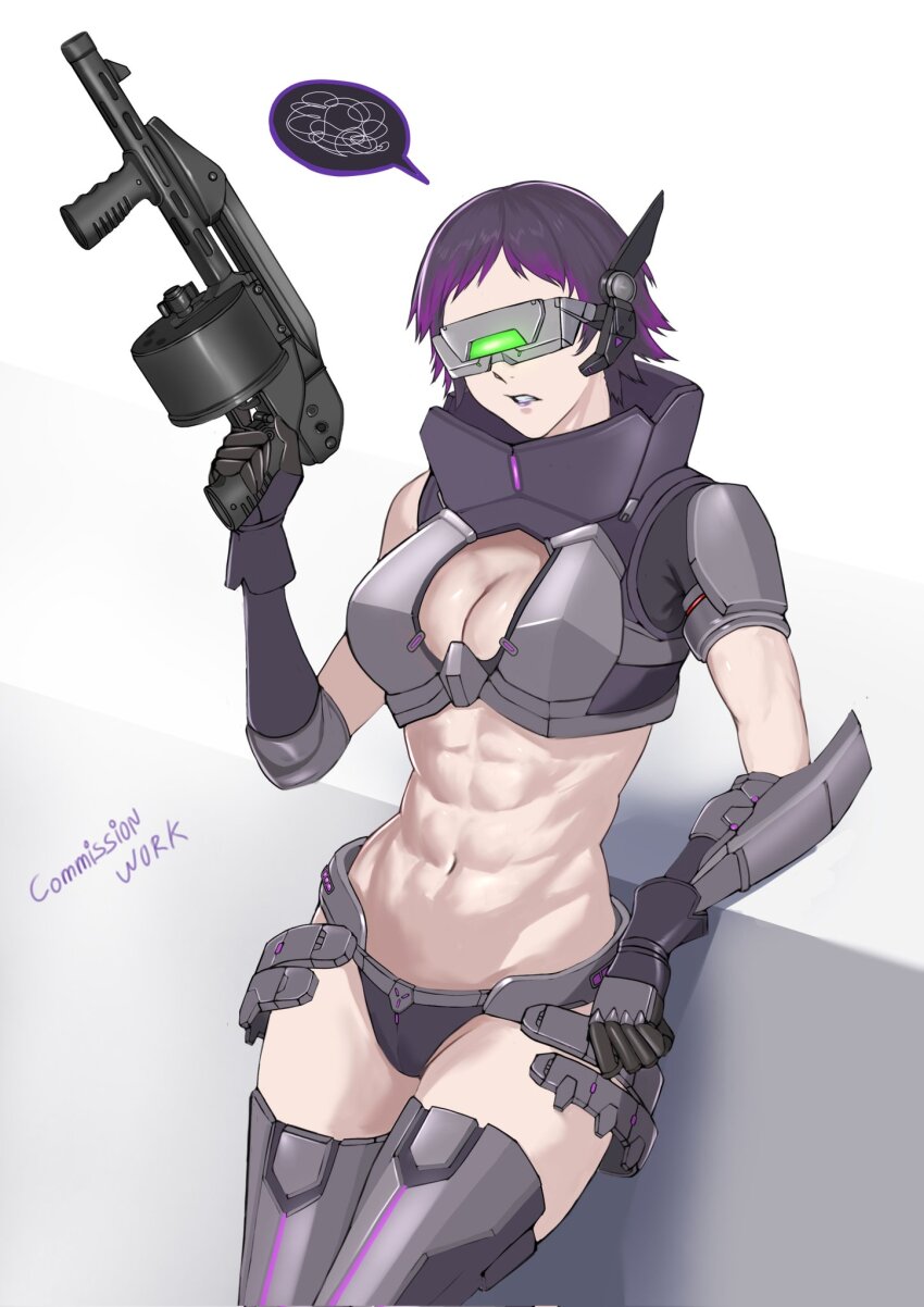 1girl, :<, abs, against_wall, armor, armsel_striker, bikini, bikini_armor