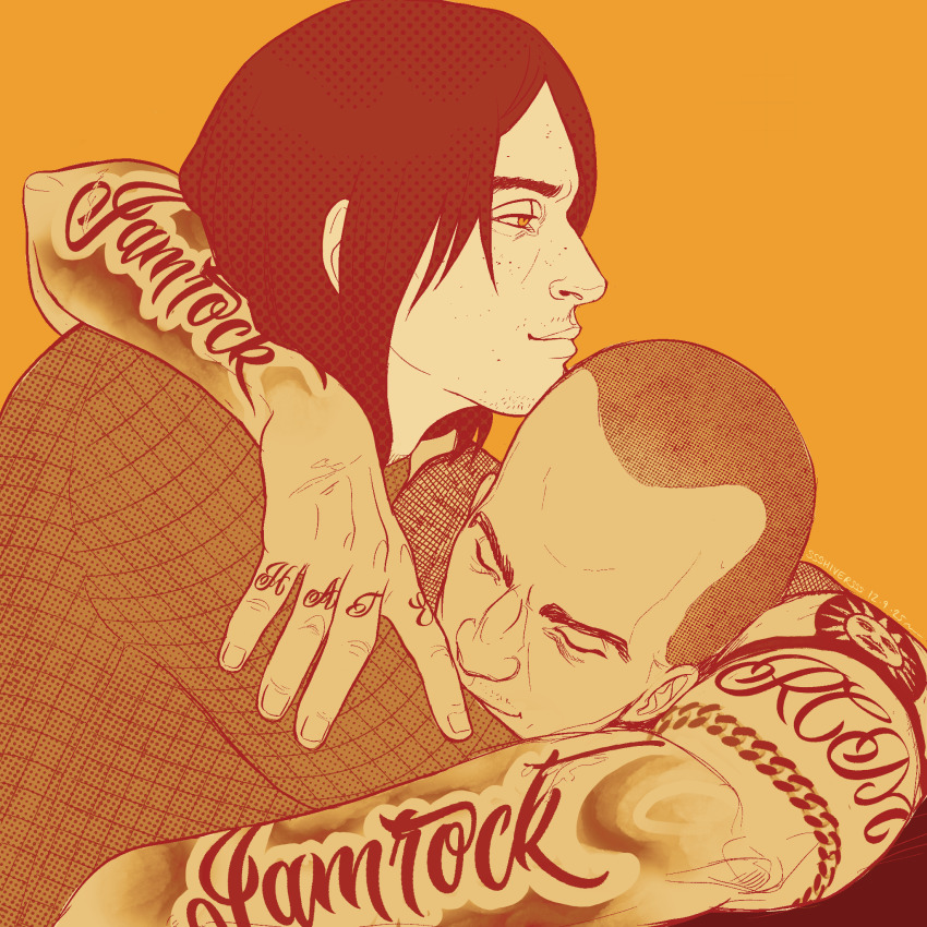 2boys, arm_around_neck, arm_tattoo, buzz_cut, chester_mclaine, closed_eyes, disco_elysium, english_text