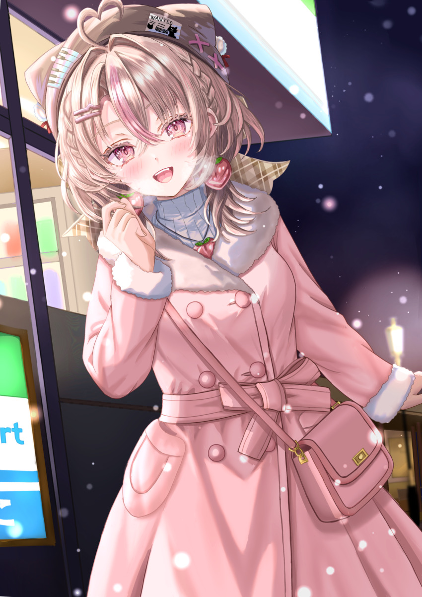 1girl, ahoge, blush, breath, brown_eyes, brown_hair, brown_hat, coat