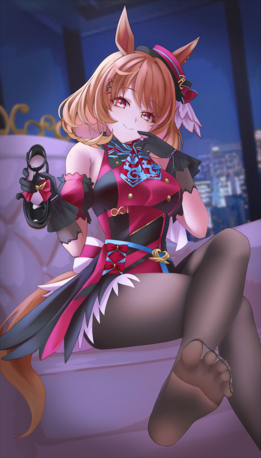 1girl, absurdres, animal_ears, bare_shoulders, black_gloves, black_pantyhose, blonde_streaks, blurry, blurry_background, blush, boater_hat, breasts, brown_hair, closed_mouth, commentary_request, commission, couch, crossed_legs, dress, feet, gloves, highres, holding, holding_shoes, holding_unworn_clothes, horse_ears, horse_girl, horse_tail, indoors, kiratto777, looking_at_viewer, medium_breasts, multicolored_hair, night, no_shoes, north_flight_(looking_fly!)_(umamusume), north_flight_(umamusume), on_couch, pantyhose, pink_streaks, pixiv_commission, purple_eyes, red_dress, shoes, short_hair, sleeveless, sleeveless_dress, smile, soles, solo, streaked_hair, tail, tilted_headwear, toes, umamusume, unworn_shoes