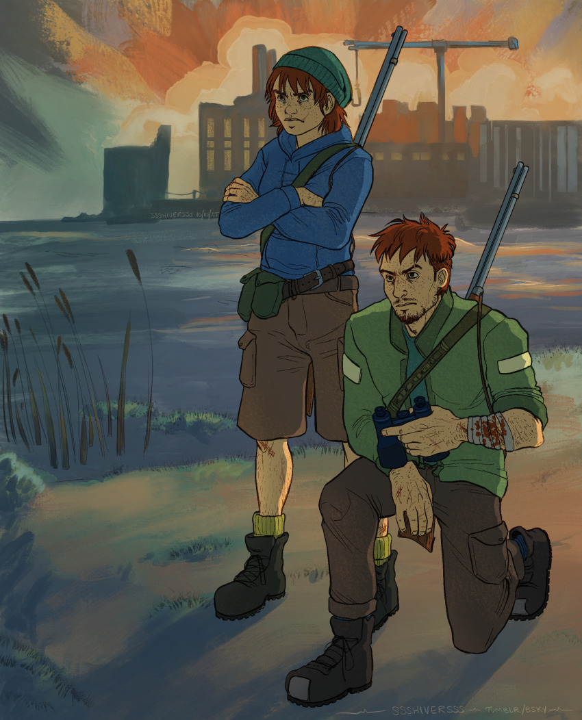 1boy, 1girl, bag, bandaged_arm, bandages, beanie, binoculars, blue_shirt, brown_hair, crossed_arms, cuno, cunoesse_vittulainen, disco_elysium, full_body, green_jacket, gun, hat, highres, holding, holding_binoculars, in-universe_location, jacket, on_one_knee, outdoors, shirt, short_hair, shotgun, shoulder_bag, ssshiversss, standing, sunrise, weapon, weapon_on_back