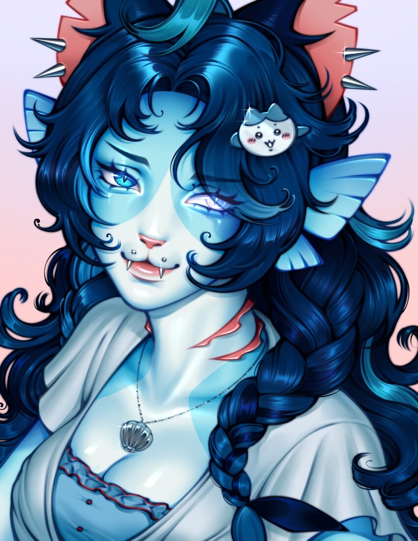 1girl, aegyo_sal, ahoge, angelbite_(piercing), animal_ear_piercing, animal_nose, babybeetlekat, blue_eyes