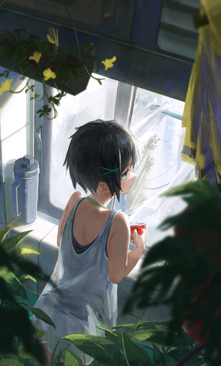1girl, absurdres, black_hair, blue_eyes, commentary_request, cup, hanging_from_clothesline, highres
