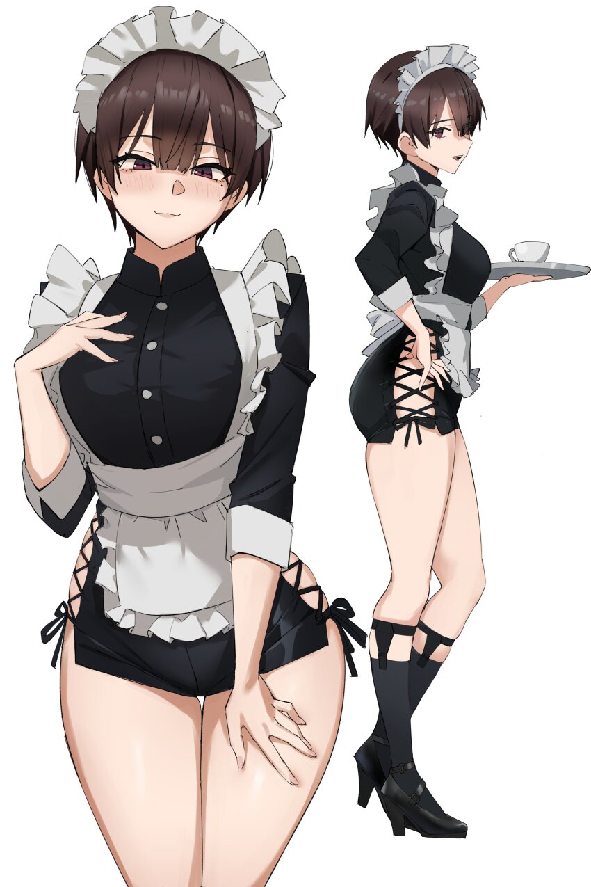 1girl, absurdres, apron, black_shirt, black_shorts, black_socks, brown_hair, commentary