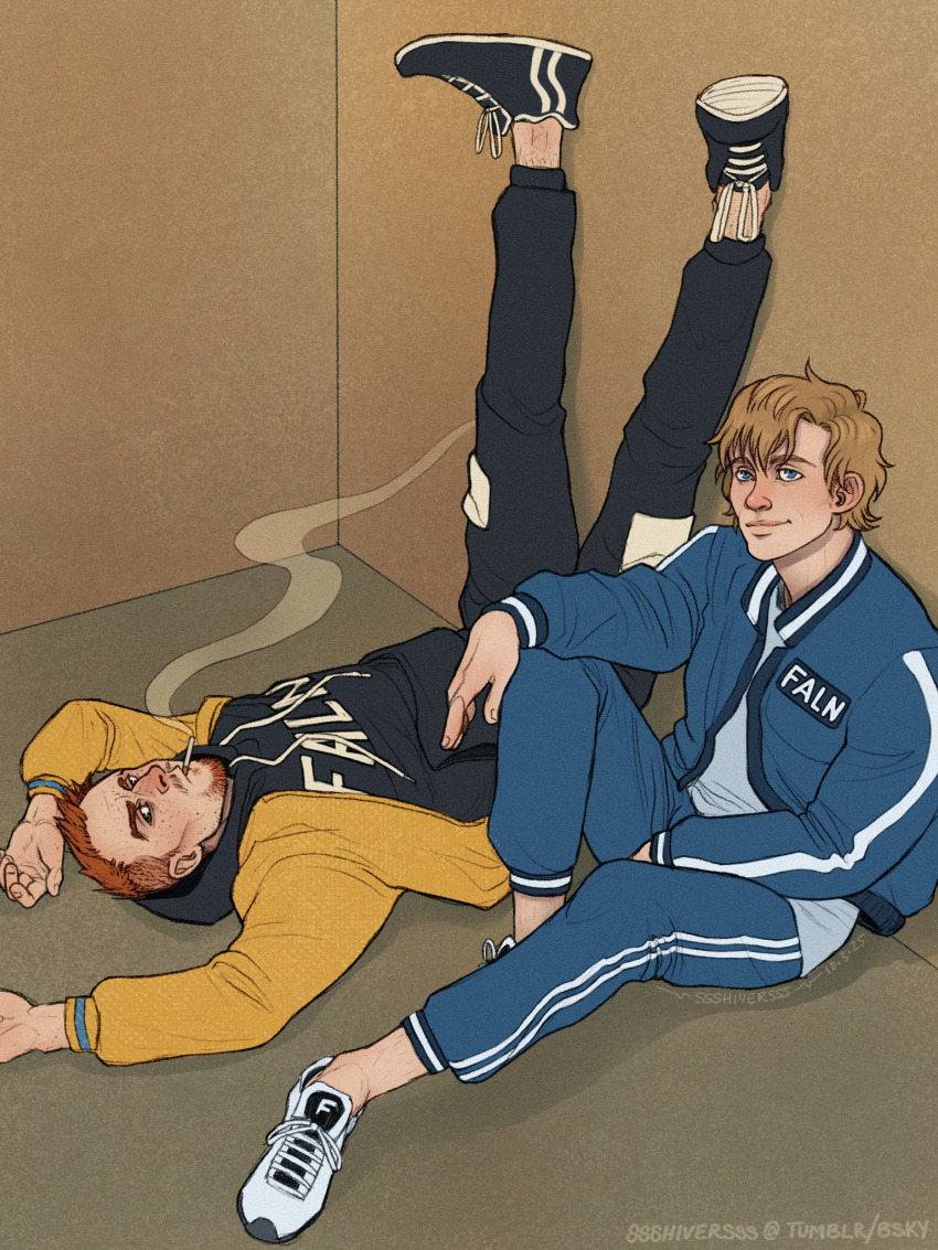 2boys, beard, black_hoodie, blonde_hair, blue_eyes, blue_jacket, brown_hair, cuno