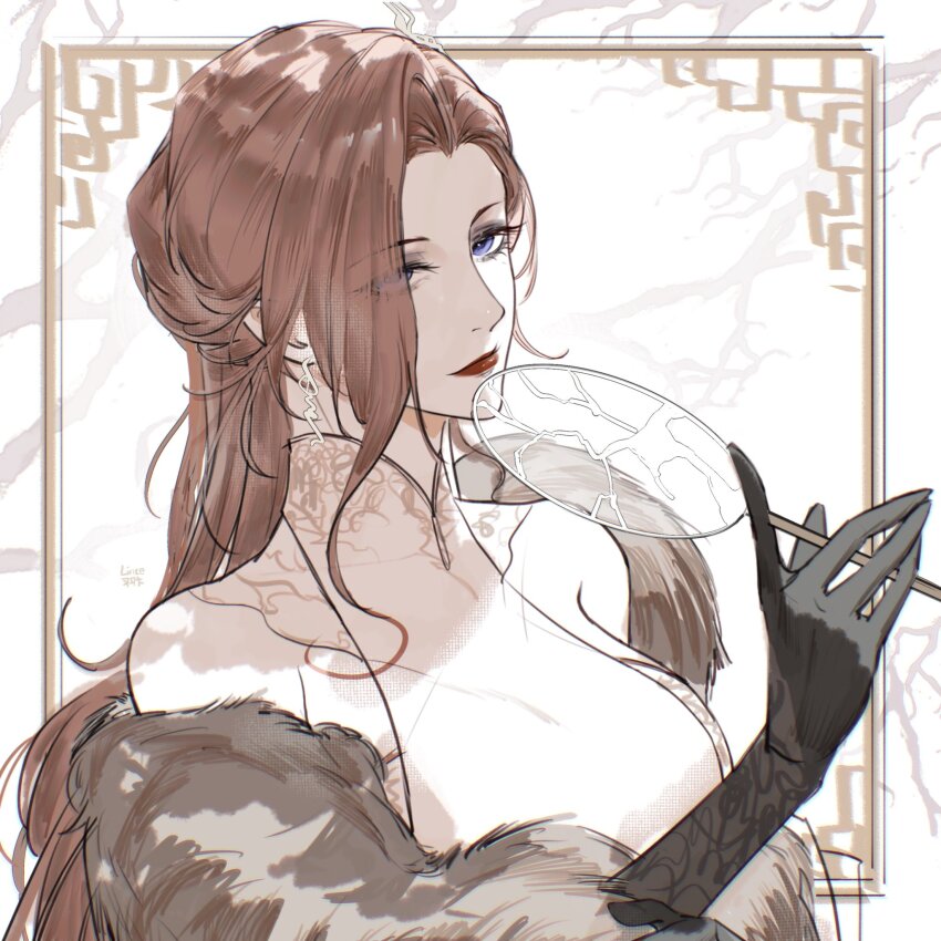 1girl, bare_shoulders, black_gloves, blue_eyes, brown_hair, chameleon_(path_to_nowhere), chinese_clothes, gloves