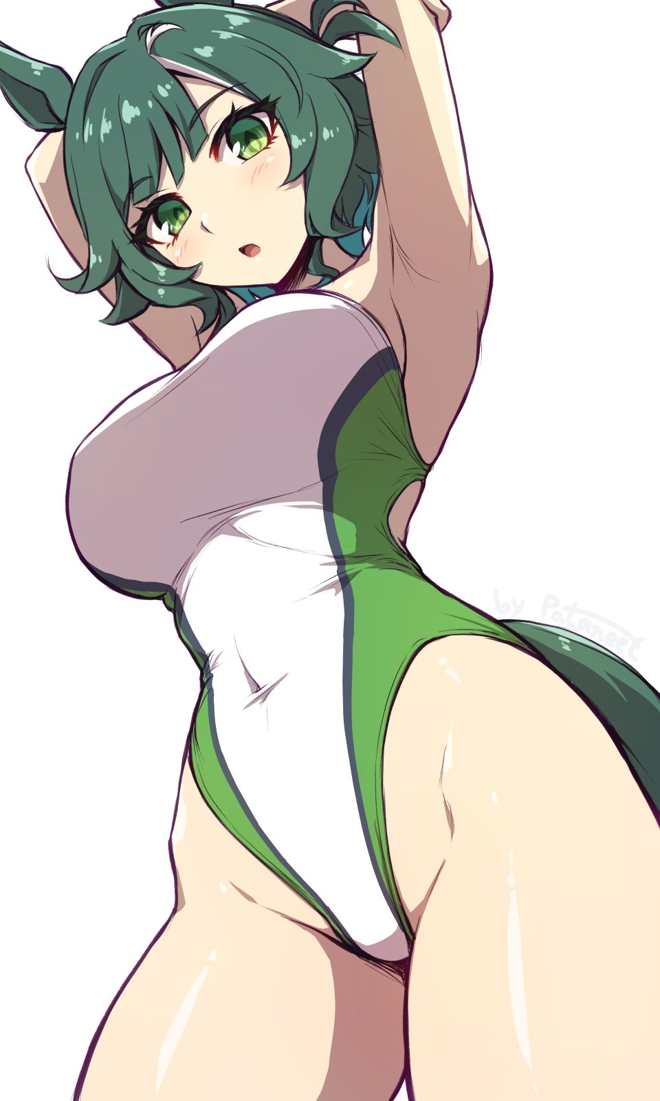 1girl, animal_ears, arms_up, covered_navel, green_eyes, green_hair, highleg, highleg_one-piece_swimsuit