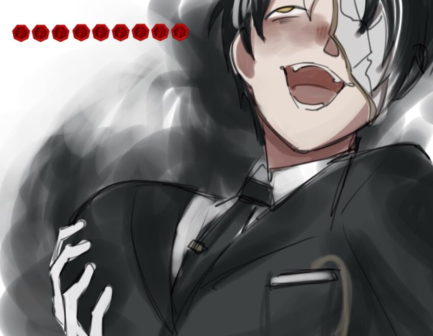 1girl, blush, breasts, commentary, english_commentary, genderswap, genderswap_(mtf), gloves, grabbing_own_breast, large_breasts, limbus_company, looking_up, mask, meme, open_mouth, pager, project_moon, rien_(project_moon), solo, thiwakub, white_gloves, yellow_eyes, yumeko_grabbing_her_own_boob_(meme)