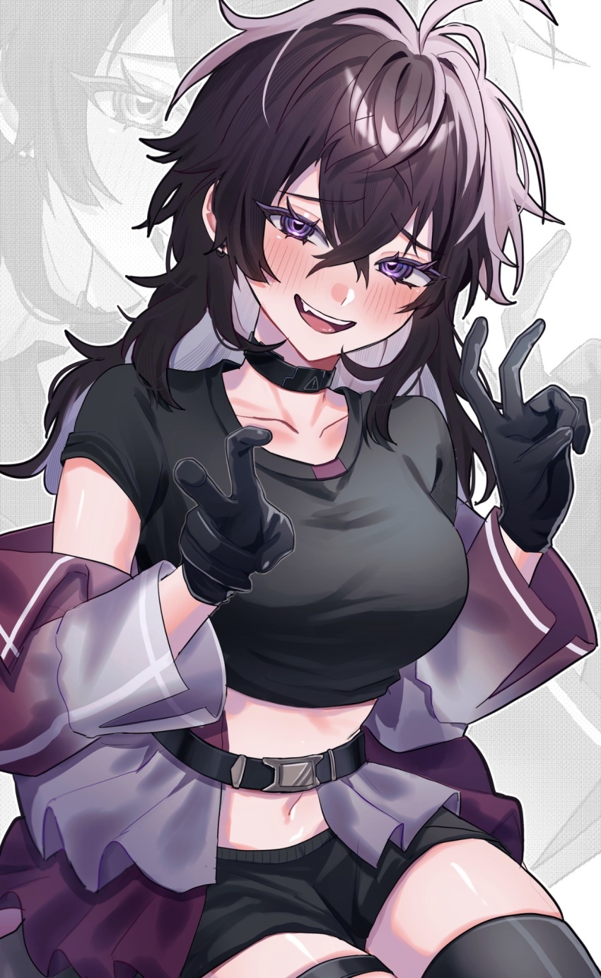 1girl, ahoge, aka_saki1, belt, black_belt, black_choker, black_gloves, black_hair, black_shirt, black_shorts, black_thighhighs, blush, choker, commentary_request, crop_top, double_v, furrowed_brow, genderswap, genderswap_(mtf), gloves, hair_between_eyes, highres, jacket, long_hair, navel, nijisanji, open_mouth, purple_eyes, purple_jacket, saiki_ittetsu, saiki_ittetsu_(1st_costume), shirt, shorts, smile, solo, teeth, thighhighs, upper_teeth_only, v, virtual_youtuber