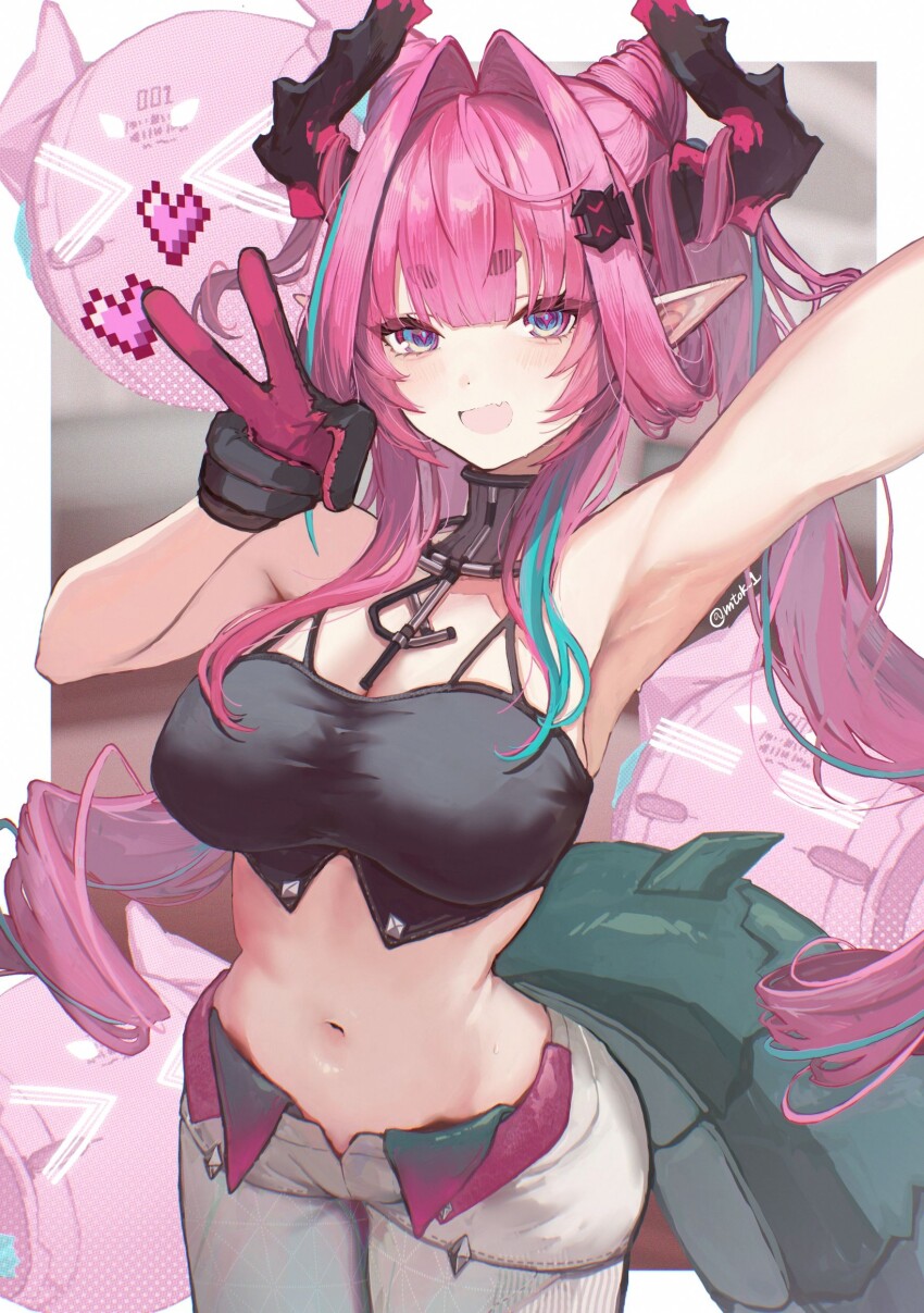 1girl, absurdres, aqua_hair, arknights, arknights:_endfield, armpits, black_horns, black_shirt, blue_eyes, breasts, commentary, cowboy_shot, crop_top, gloves, green_tail, hair_intakes, hair_on_horn, highres, horns, large_breasts, long_hair, looking_at_viewer, matsuoka_(mtok_0), midriff, multicolored_gloves, multicolored_hair, navel, open_mouth, pants, pink_hair, pointy_ears, shirt, solo, stomach, streaked_hair, twitter_username, two-tone_gloves, two-tone_hair, v, white_pants, yvonne_(arknights)