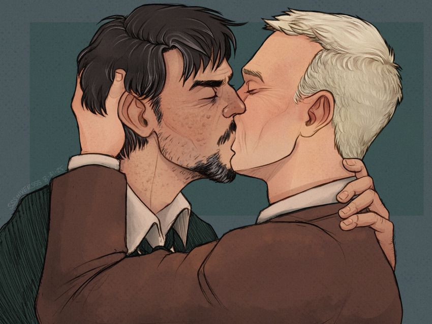 2boys, beard, black_hair, brown_jacket, collared_shirt, commentary, crow's_feet, disco_elysium