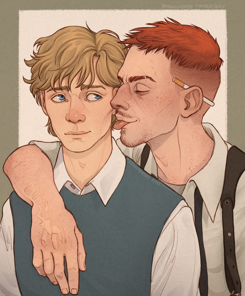 :p, arm_around_shoulder, arm_hair, blonde_hair, blue_eyes, blue_vest, brown_hair, buzz_cut