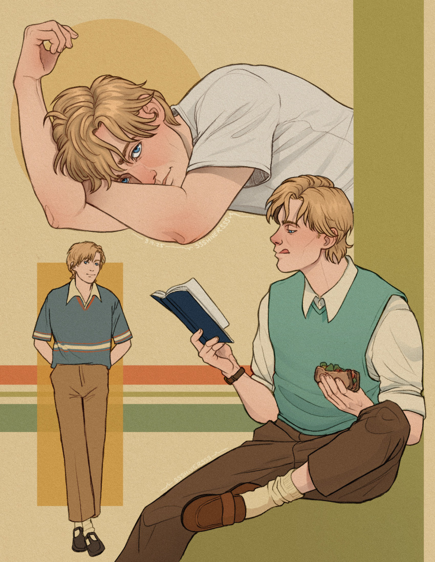 1boy, :p, arm_pillow, arms_behind_back, blonde_hair, blue_vest, book, collared_shirt, commentary, disco_elysium, english_commentary, highres, holding, holding_book, knee_up, long_sleeves, mikael_heidelstam, multiple_views, shirt, short_hair, ssshiversss, tongue, tongue_out, vest, white_shirt
