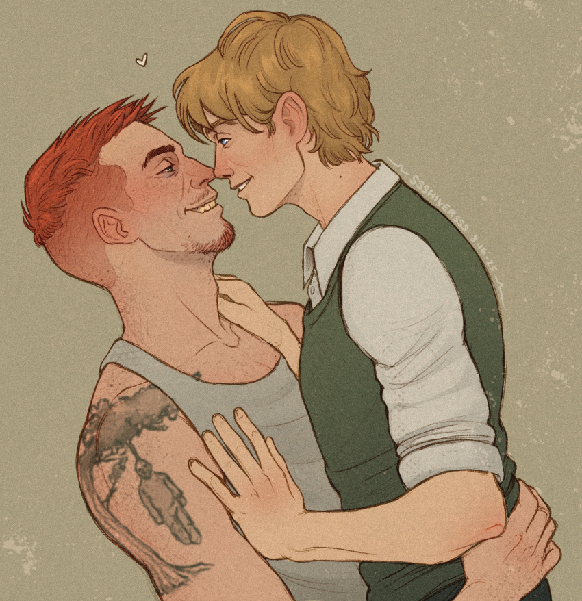2boys, aegyo_sal, arm_tattoo, beard, blonde_hair, blue_eyes, brown_eyes, brown_hair, buzz_cut, commentary, cuno, disco_elysium, english_commentary, facial_hair, grin, hand_on_another's_back, hand_on_another's_chest, hand_on_another's_shoulder, hanged, heart, highres, hug, looking_at_another, male_focus, mikael_heidelstam, multiple_boys, mustache, short_hair, smile, ssshiversss, tattoo, very_short_hair, yaoi
