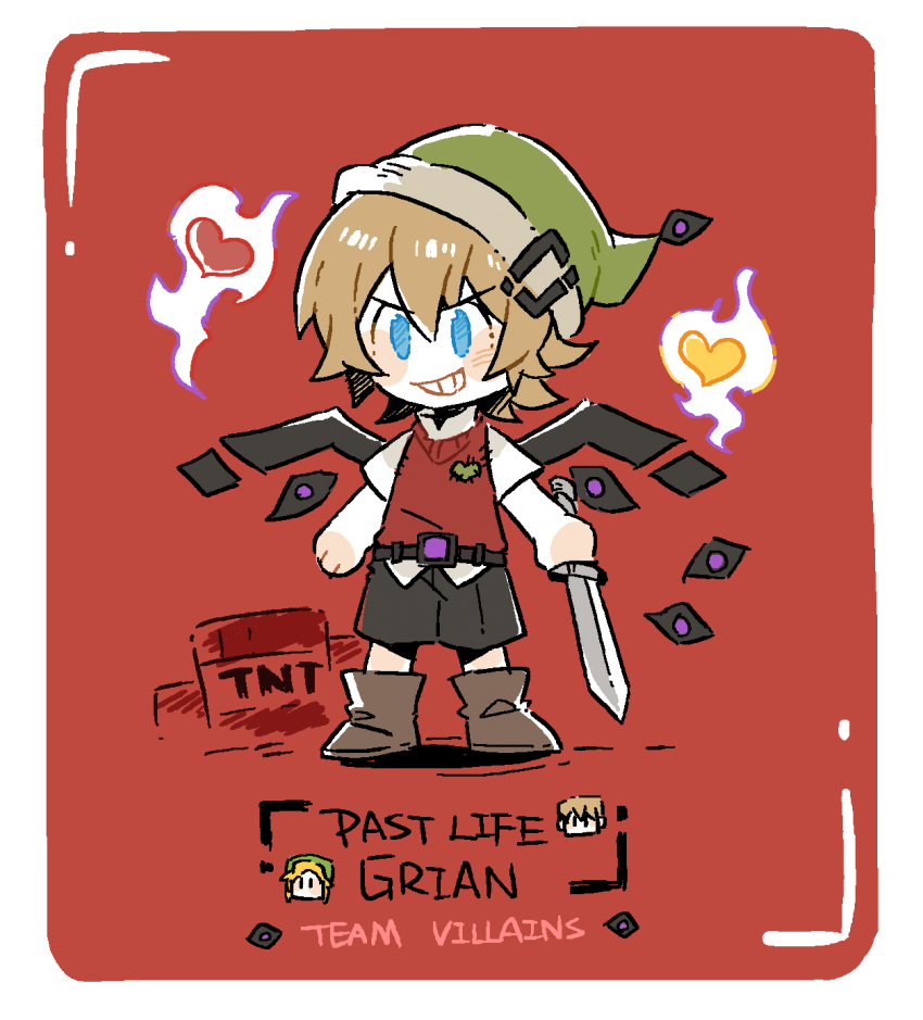 1boy, adapted_costume, animification, black_shorts, blonde_hair, blue_eyes, boots, border