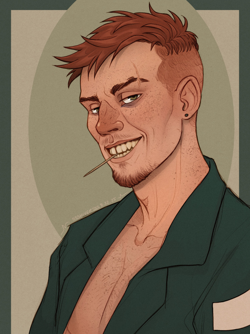 1boy, aegyo_sal, brown_eyes, brown_hair, buzz_cut, chest_hair, cuno, disco_elysium