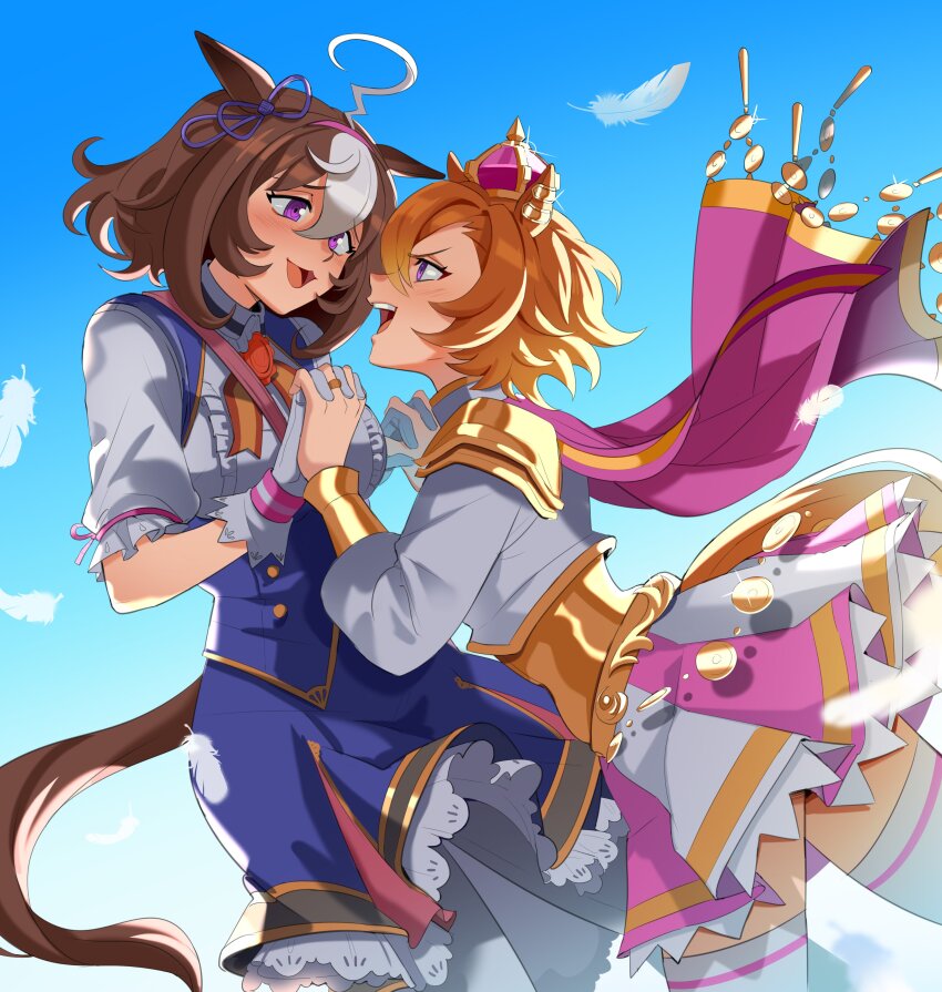 2girls, absurdres, ahoge, animal_ears, armor, bag, between_breasts, blue_dress