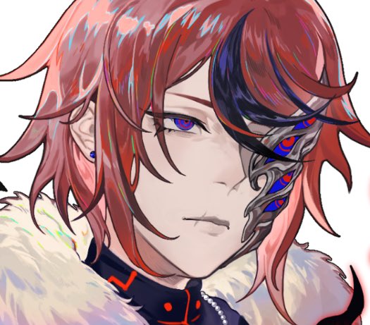 1boy, acomem07, black_hair, blue_eyes, close-up, closed_mouth, earrings, frown