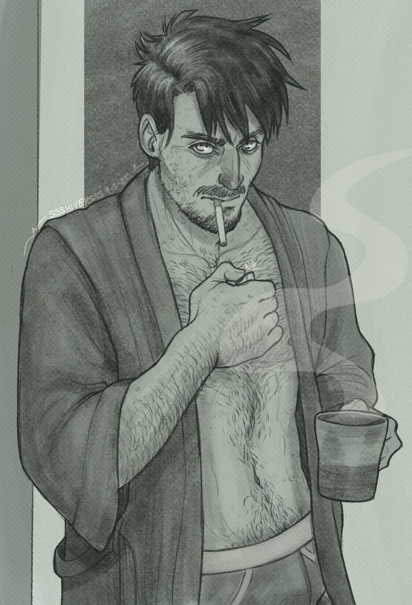 1boy, arm_hair, bathrobe, beard, chest_hair, cigarette, commentary, cowboy_shot