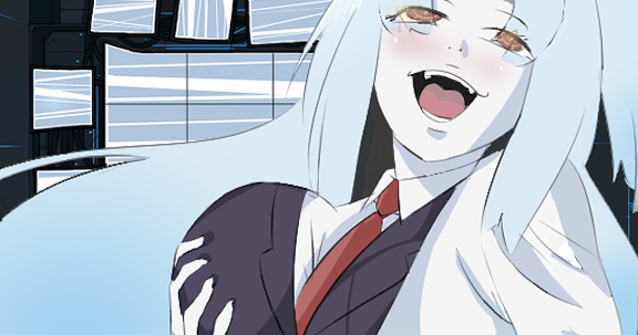 1girl, angela_(project_moon), blue_hair, blush, breasts, collared_shirt, commentary, english_commentary