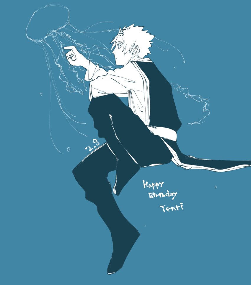 animal_print, blue_background, bnkr_kc, commentary_request, english_text, full_body, happy_birthday, highres, jellyfish, kagurabachi, profile, sazanami_tenri, short_hair, sidelocks, solo, white_hair