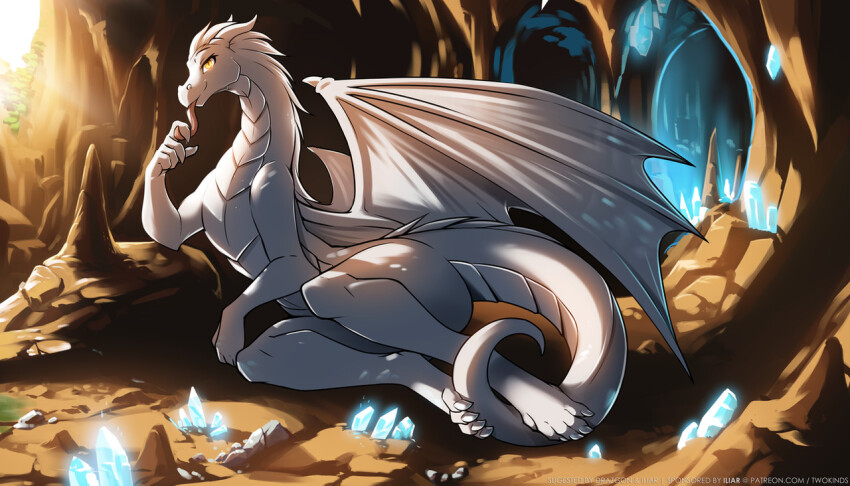 1girl, animal_feet, cave, claws, colored_skin, crystal, dragon_girl, dragon_horns