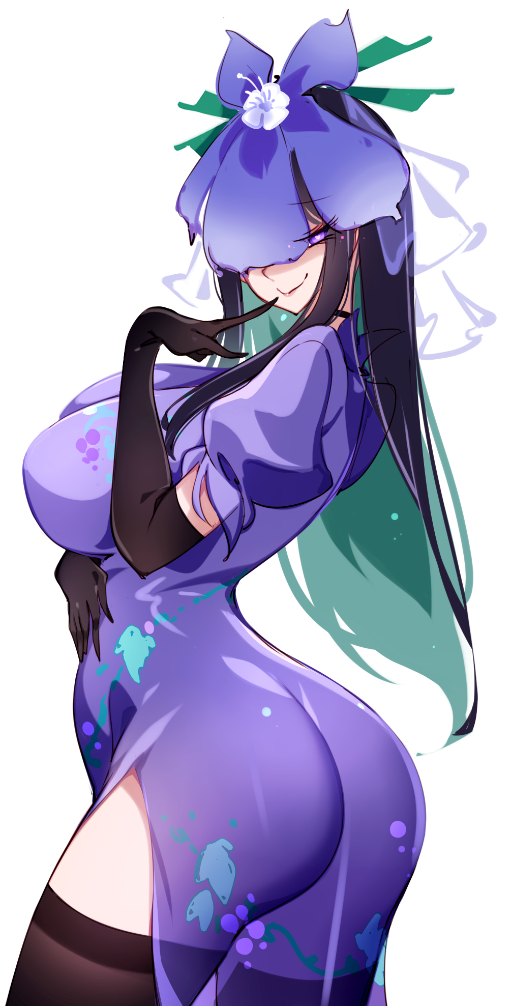 1girl, ass, black_gloves, black_hair, breasts, commentary, dress, elbow_gloves