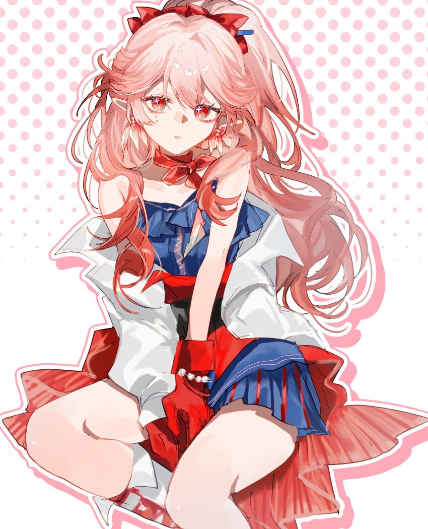 1girl, arknights, bare_shoulders, ben-day_dots, between_legs, blue_dress, bow, bracelet