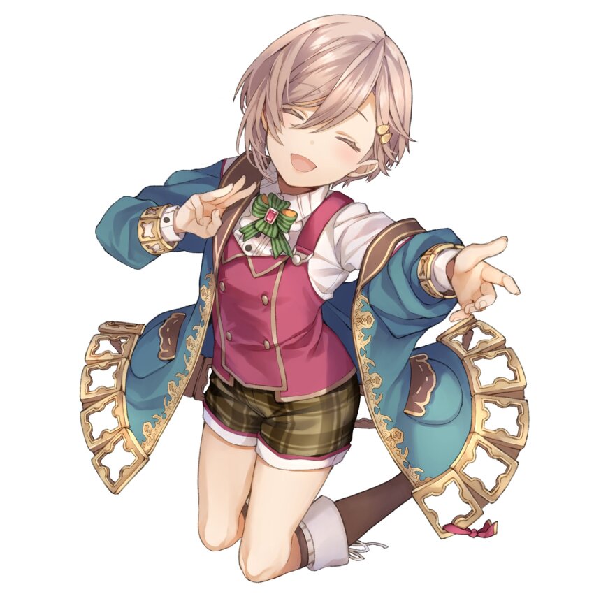 1girl, blue_jacket, brown_hair, brown_thighhighs, buttons, commentary_request, facing_viewer, full_body