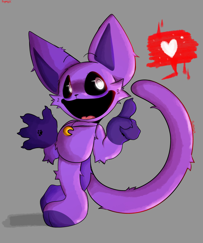 2024, absurdres, cat, catnap_(poppy_playtime), colored_skin, commentary, english_commentary, fingernails, heart, highres, hollow_eyes, jewelry, large_ears, large_tail, necklace, poppy_playtime, purple_skin, sharp_fingernails, smile, solo, speech_bubble, tail, vitrioo, watermark