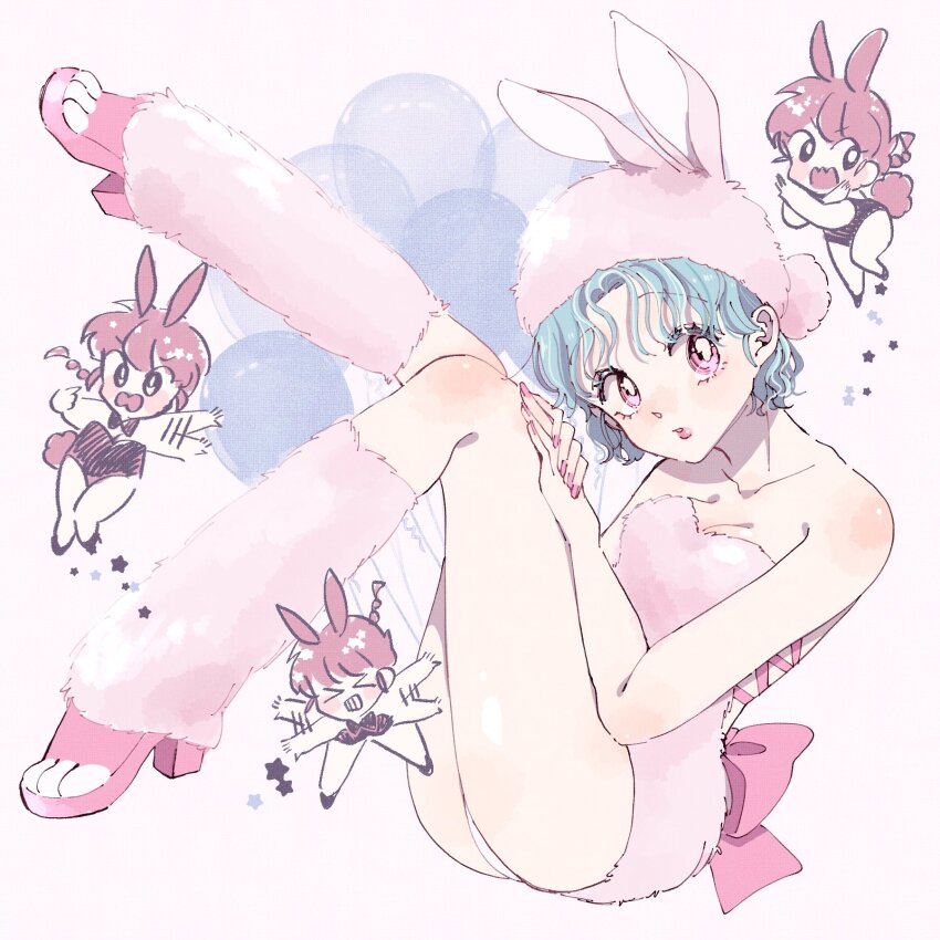 2girls, animal_ears, balloon, blue_hair, bow, chibi, cocoa_681, commentary_request, fuzzy_clothes, high_heels, highres, leg_up, leg_warmers, multiple_girls, pink_eyes, pink_hair, pink_nails, playboy_bunny, rabbit_ears, rabbit_tail, ranma-chan, ranma_1/2, tail, tendou_akane, white_background