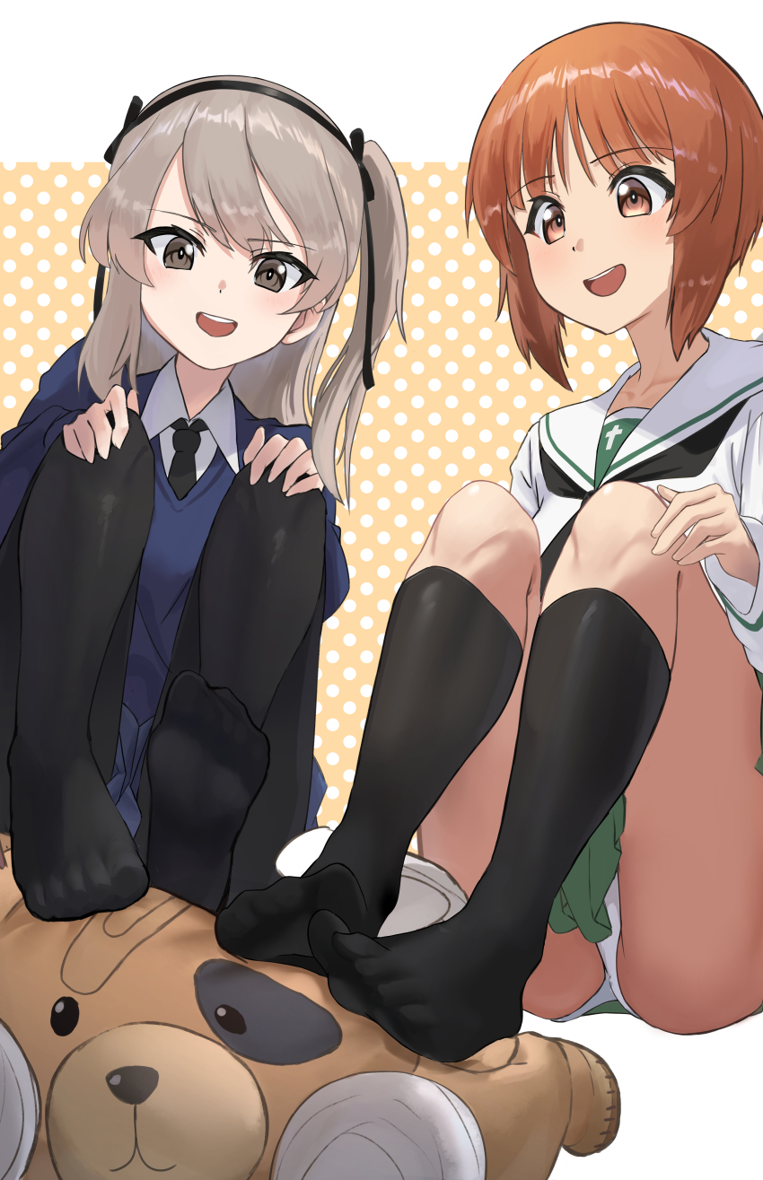 2girls, absurdres, black_necktie, black_pantyhose, black_sailor_collar, black_socks, blue_jacket, blue_skirt