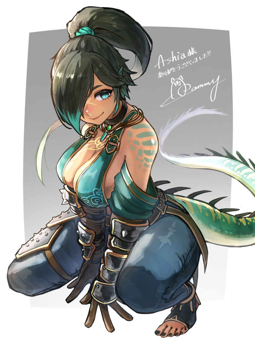 1girl, absurdres, ap_cammy, aqua_hair, aqua_scales, aqua_scrunchie, bare_shoulders, black_choker, black_hair, black_nails, blue_pants, body_markings, border, breasts, center_opening, choker, choker_jewel, cleavage, colored_tips, commissioner_name, feet, gloves, gold_trim, grey_background, hair_over_one_eye, hands_on_floor, highres, iguana_tail, kneeling, leather, leather_gloves, long_bangs, looking_to_the_side, multicolored_hair, nail_polish, original, pants, patterned_clothing, pointy_ears, ponytail, reptile_girl, scar, scar_on_face, scar_on_nose, scrunchie, sideboob, signature, smile, solo, stirrup_legwear, striped_skin, thick_thighs, thighs, tiptoes, toeless_legwear, toenail_polish, toenails, toes, translation_request, two-tone_background, white_background, white_border