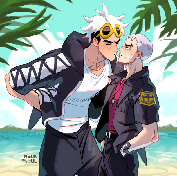2boys, beach, belt, belt_buckle, black_belt, black_hair, black_pants, black_shirt