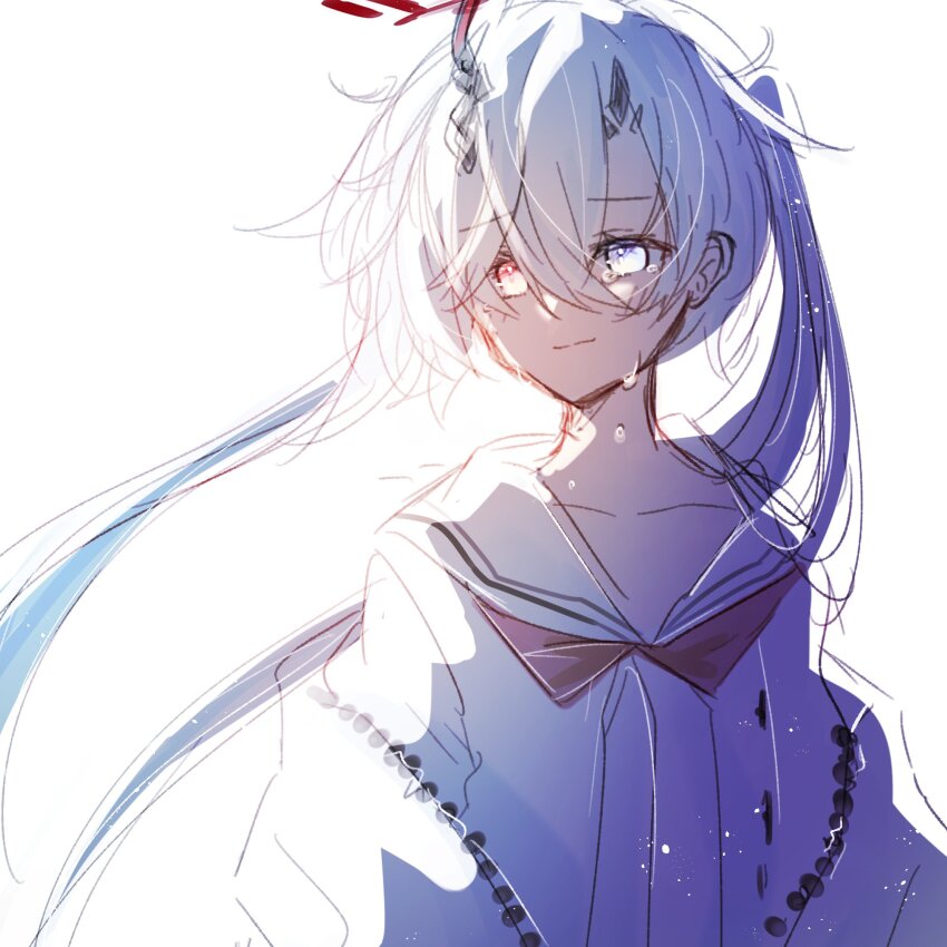 1girl, 909_(reverseblue), asymmetrical_horns, black_horns, dress, grey_eyes, heterochromia, highres