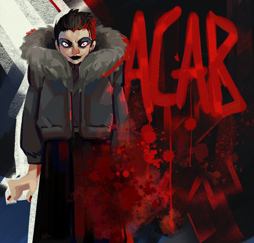 1girl, black_eyeshadow, black_hair, black_jacket, black_lips, blood, blood_splatter, cindy_the_skull_(disco_elysium), constricted_pupils, disco_elysium, eyeshadow, facing_viewer, fake_blood, feet_out_of_frame, full_body, fur_collar, hand_up, hashtag-only_commentary, jacket, looking_at_viewer, makeup, paint, red_eyes, shiroshark, short_hair, smirk, solo