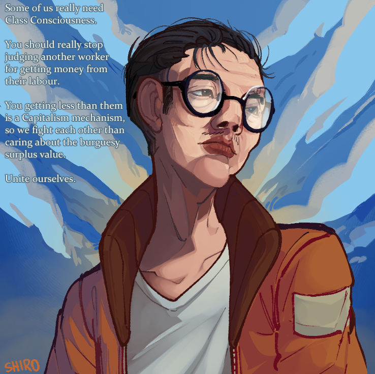1boy, black_hair, blue_sky, bomber_jacket, commentary, communism, day, disco_elysium