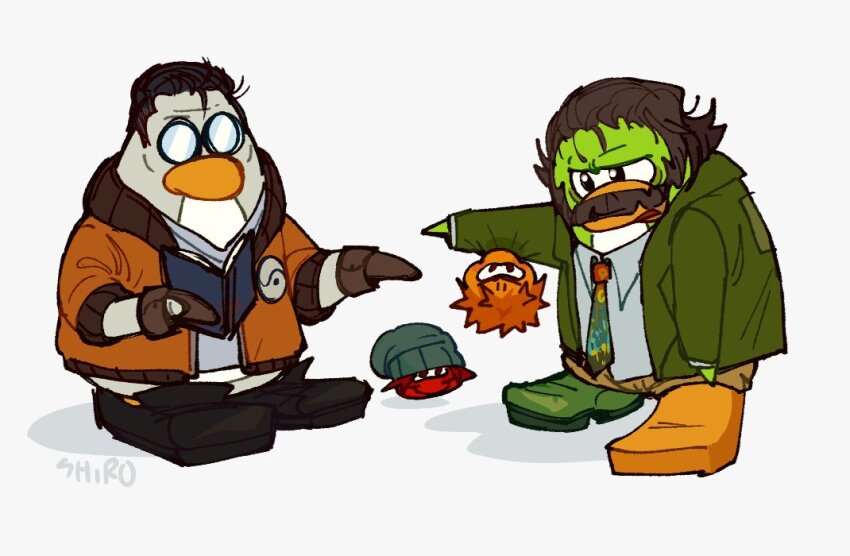 2boys, animalization, beanie, blazer, bomber_jacket, book, brown_gloves, brown_hair