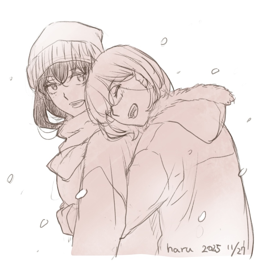 2girls, :d, ^_^, akiyama_haru, artist_name, beanie, closed_eyes, commentary_request