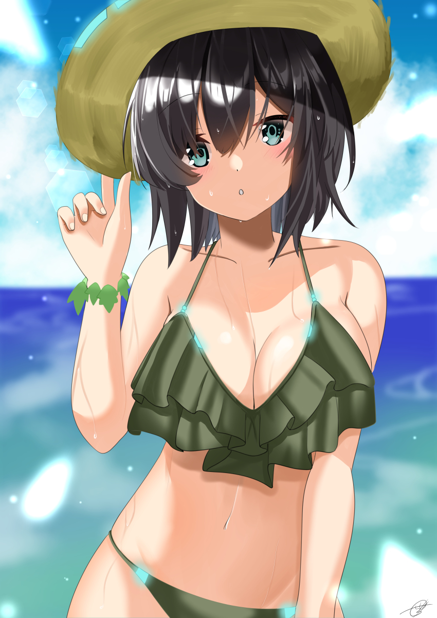 1girl, :o, absurdres, aoi_erika, black_hair, bracelet, breasts, commentary_request