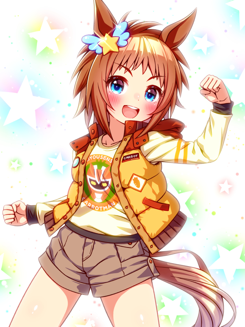 1girl, animal_ears, biko_pegasus_(casual)_(umamusume), biko_pegasus_(umamusume), blue_eyes, blush, breasts, brown_hair