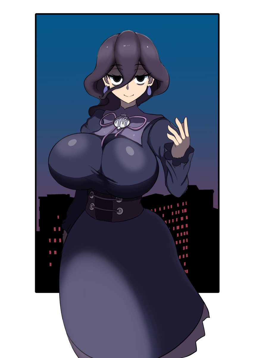 1girl, @_@, black_eyes, black_hair, blush, breasts, earrings, hex_maniac_(pokemon)