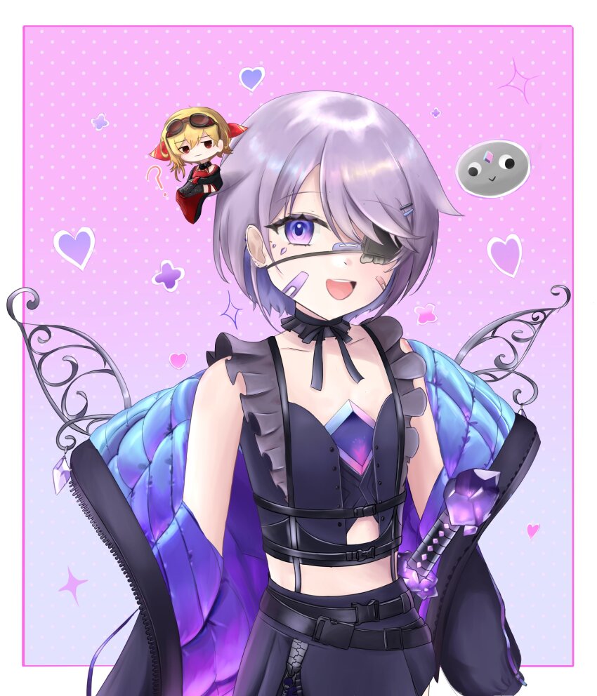 2girls, ?, absurdres, bandaid, bandaid_on_cheek, bandaid_on_face, black_jacket, black_shirt