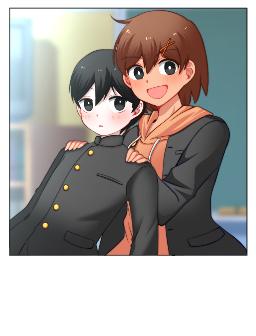 2boys, alternate_costume, black_eyes, black_hair, blurry, blurry_background, blush, bright_pupils